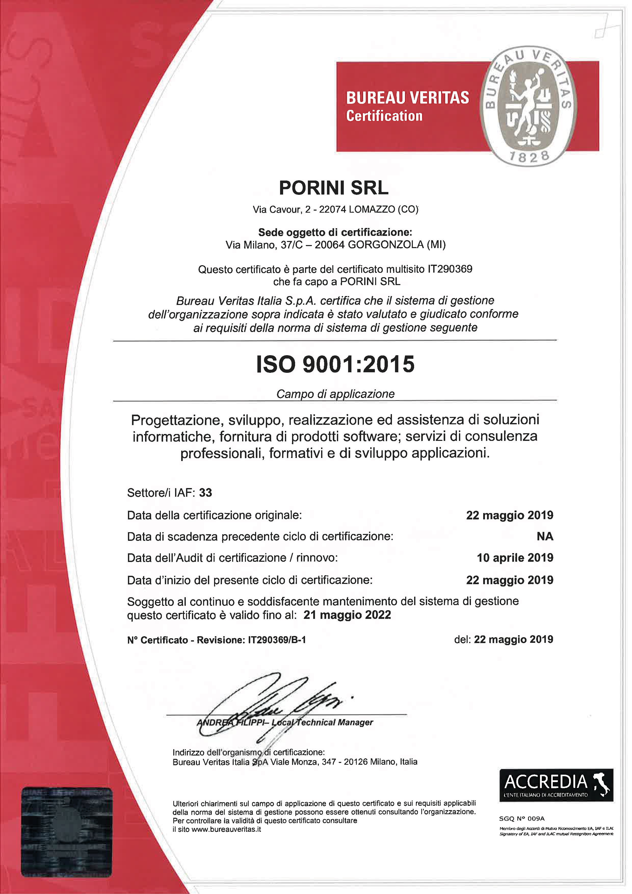 Porini Certification ISO9001:2015 B
