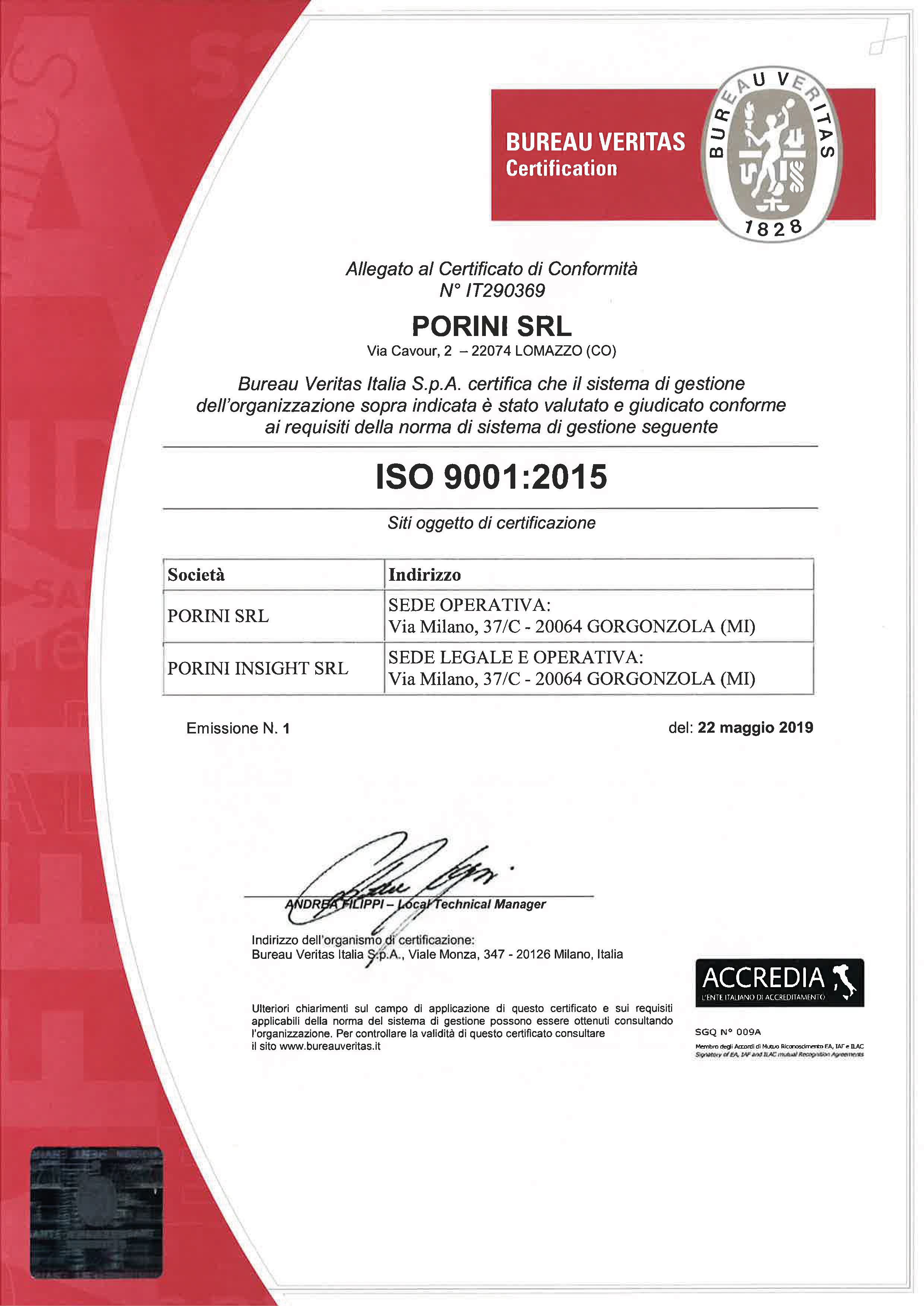 Porini Certification ISO9001:2015