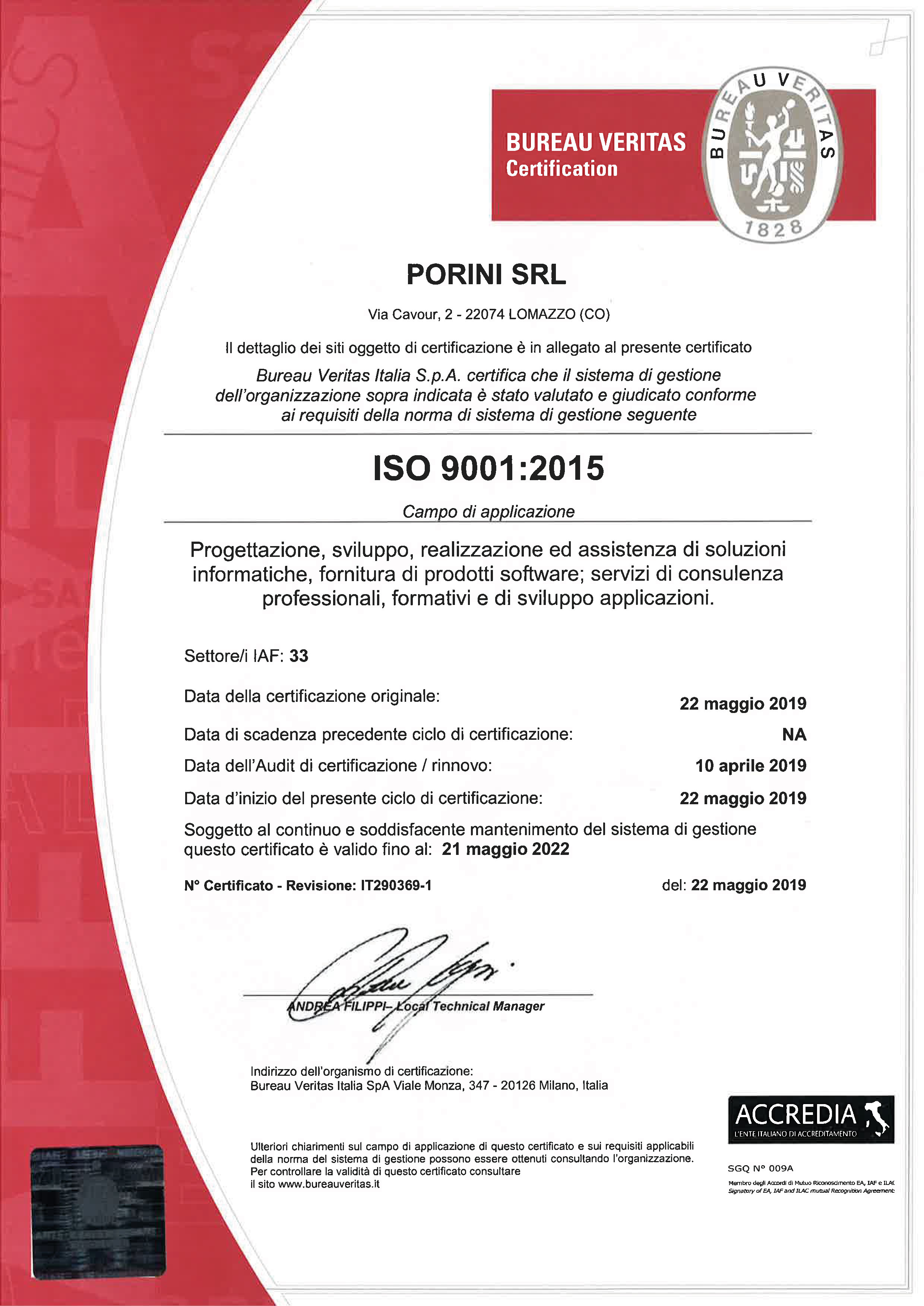 Porini Certification ISO9001:2015